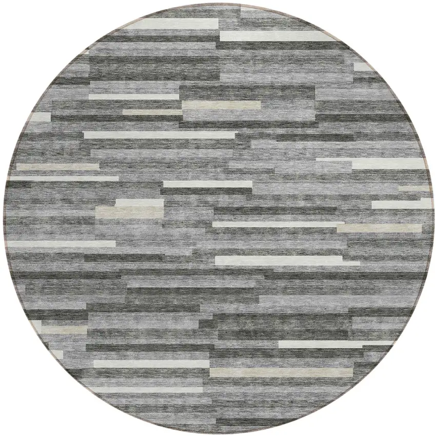 8' Gray And Ivory Round Striped Washable Indoor Outdoor Area Rug Photo 2