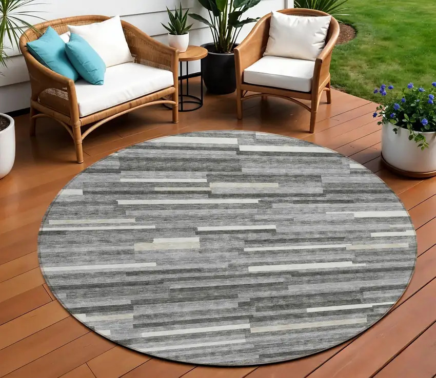 8' Gray And Ivory Round Striped Washable Indoor Outdoor Area Rug Photo 1