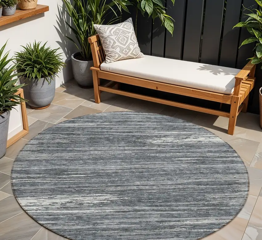 8' Gray And Ivory Round Striped Washable Indoor Outdoor Area Rug Photo 1