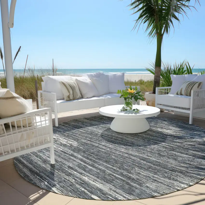 8' Gray And Ivory Round Striped Washable Indoor Outdoor Area Rug Photo 6