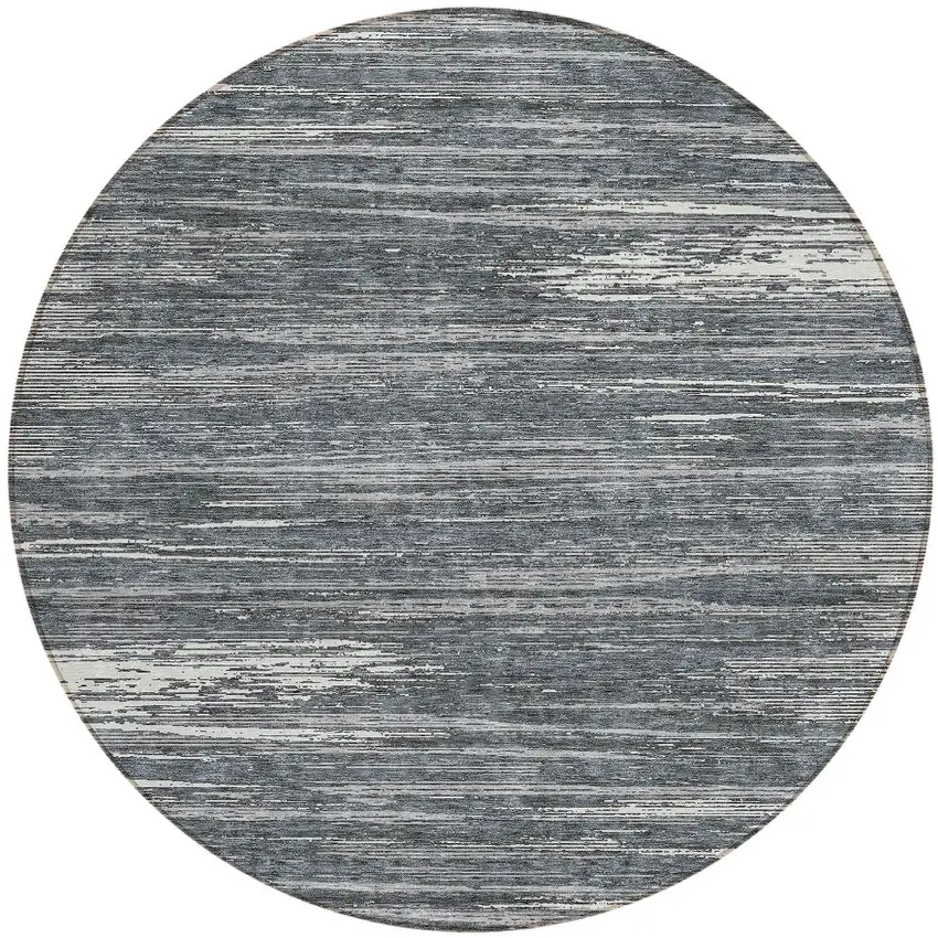 8' Gray And Ivory Round Striped Washable Indoor Outdoor Area Rug Photo 5