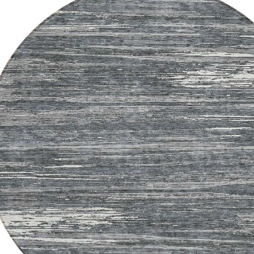 8' Gray And Ivory Round Striped Washable Indoor Outdoor Area Rug Photo 4