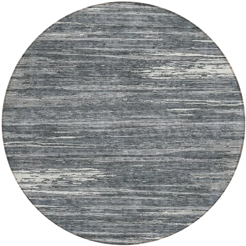8' Gray And Ivory Round Striped Washable Indoor Outdoor Area Rug Photo 2
