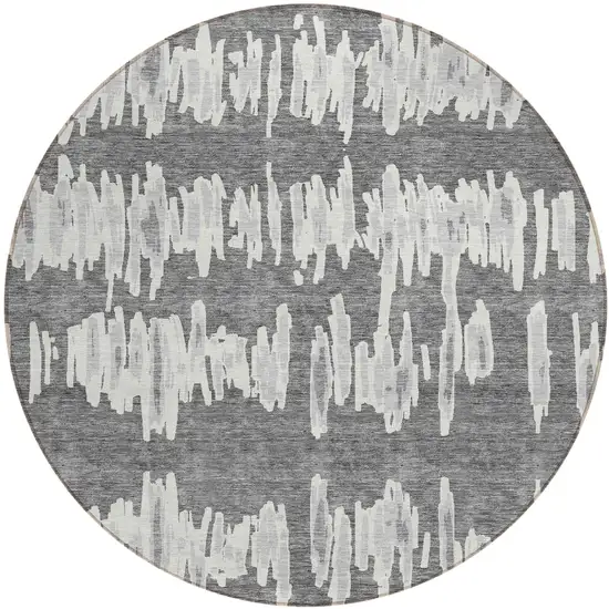 8' Gray And Ivory Round Striped Washable Indoor Outdoor Area Rug Photo 2