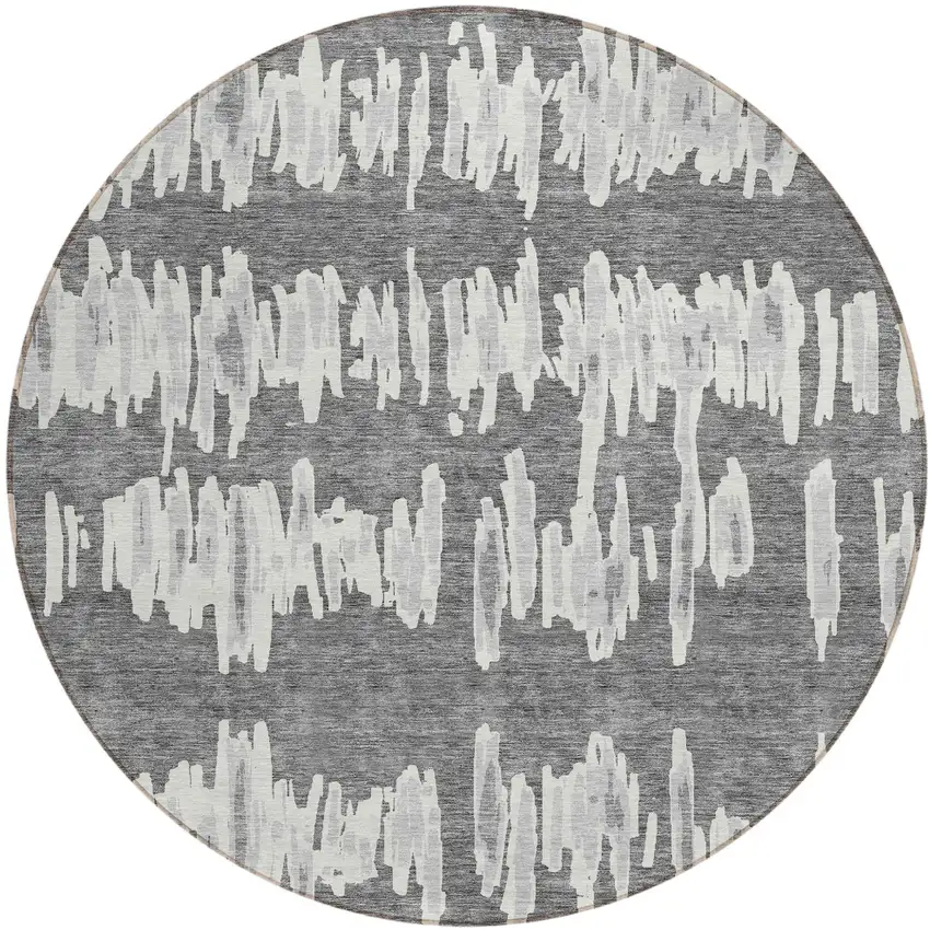 8' Gray And Ivory Round Striped Washable Indoor Outdoor Area Rug Photo 2