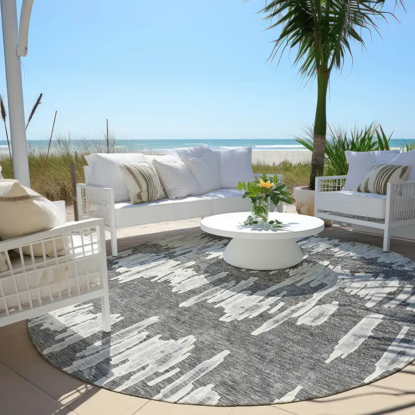 8' Gray And Ivory Round Striped Washable Indoor Outdoor Area Rug Photo 6