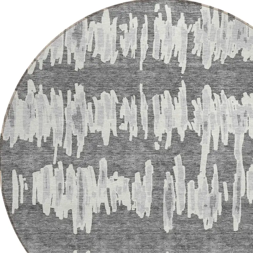 8' Gray And Ivory Round Striped Washable Indoor Outdoor Area Rug Photo 4