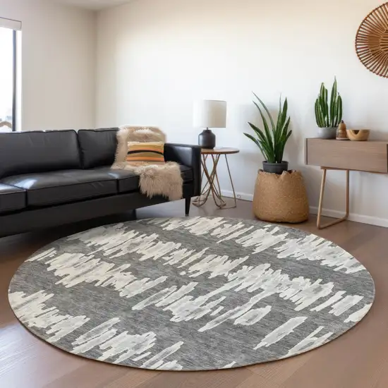 8' Gray And Ivory Round Striped Washable Indoor Outdoor Area Rug Photo 7