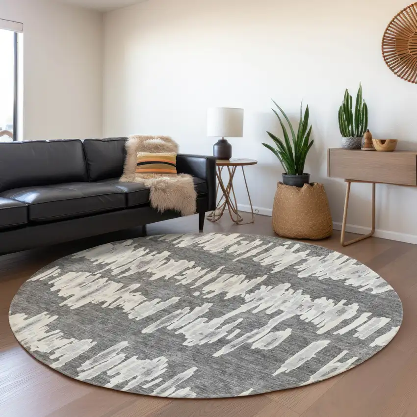 8' Gray And Ivory Round Striped Washable Indoor Outdoor Area Rug Photo 7