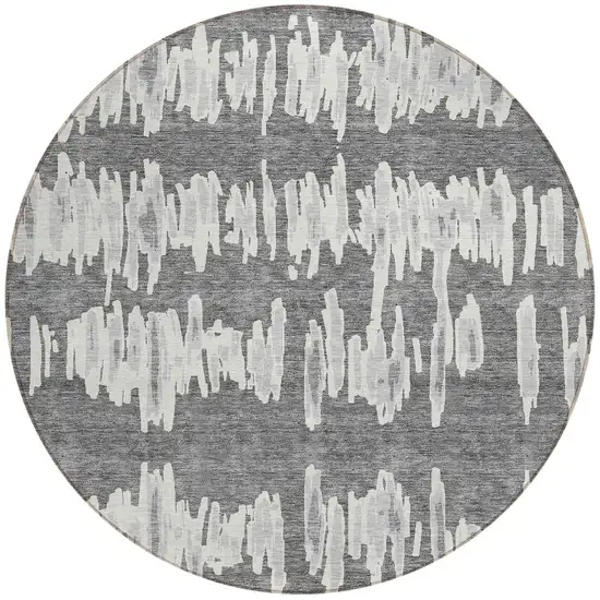 8' Gray And Ivory Round Striped Washable Indoor Outdoor Area Rug Photo 5