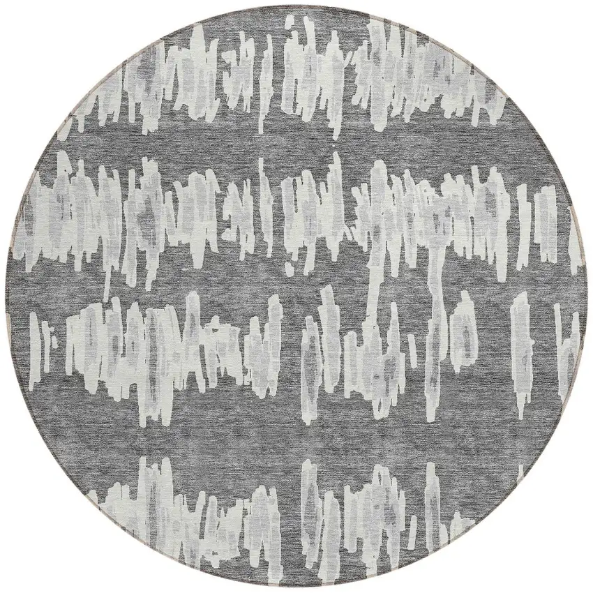 8' Gray And Ivory Round Striped Washable Indoor Outdoor Area Rug Photo 5