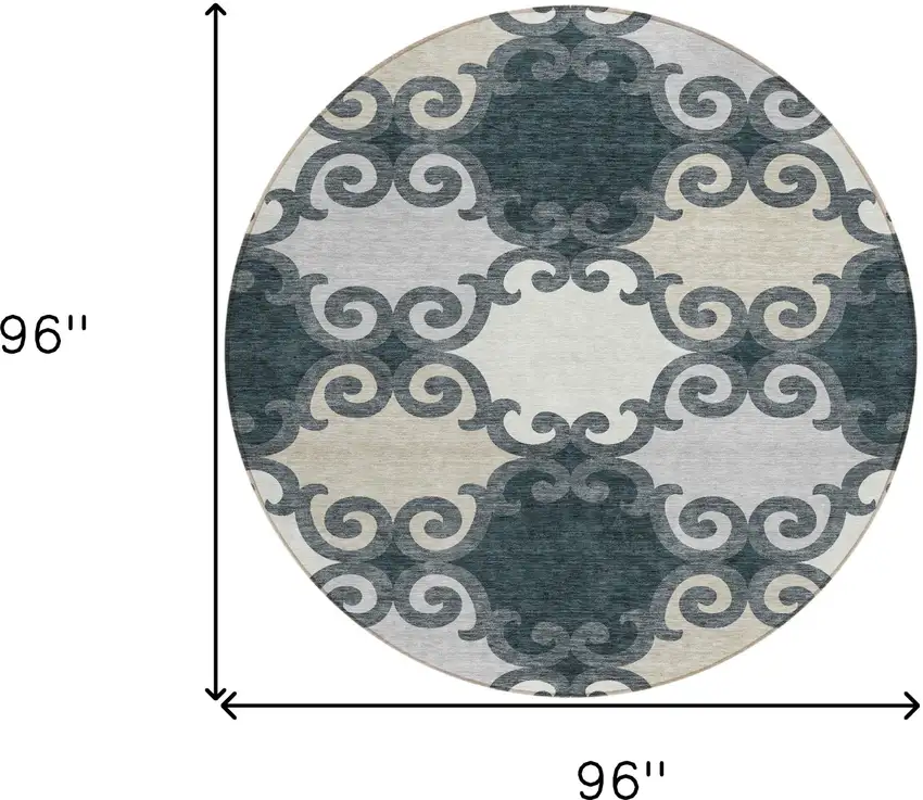 8' Gray And Ivory Round Trellis Washable Indoor Outdoor Area Rug Photo 3