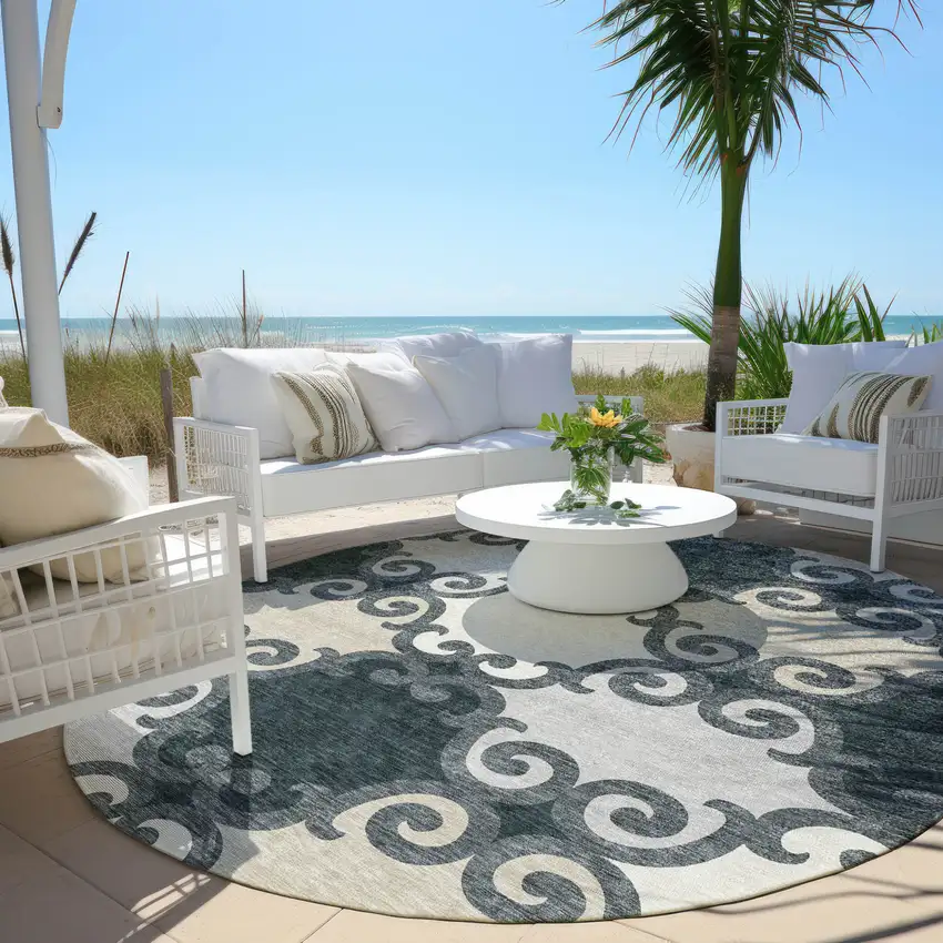8' Gray And Ivory Round Trellis Washable Indoor Outdoor Area Rug Photo 6