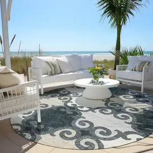 Photo of 8' Gray And Ivory Round Trellis Washable Indoor Outdoor Area Rug