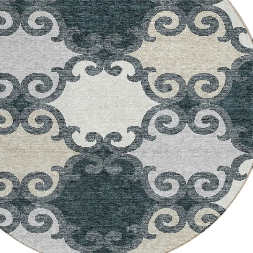 8' Gray And Ivory Round Trellis Washable Indoor Outdoor Area Rug Photo 4