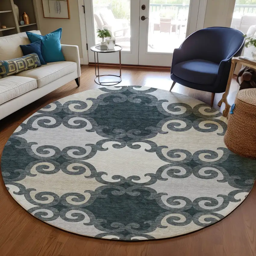 8' Gray And Ivory Round Trellis Washable Indoor Outdoor Area Rug Photo 7