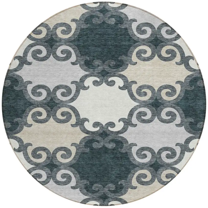 8' Gray And Ivory Round Trellis Washable Indoor Outdoor Area Rug Photo 5
