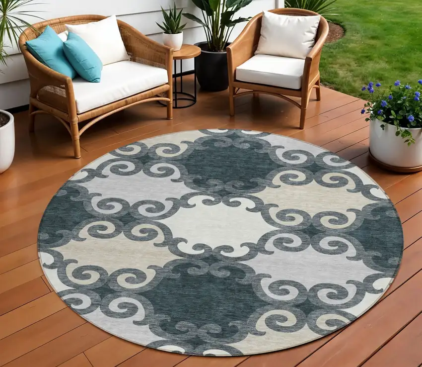 8' Gray And Ivory Round Trellis Washable Indoor Outdoor Area Rug Photo 1
