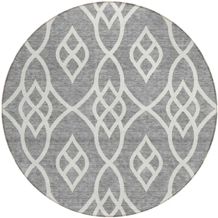 8' Gray And Ivory Round Trellis Washable Indoor Outdoor Area Rug Photo 2