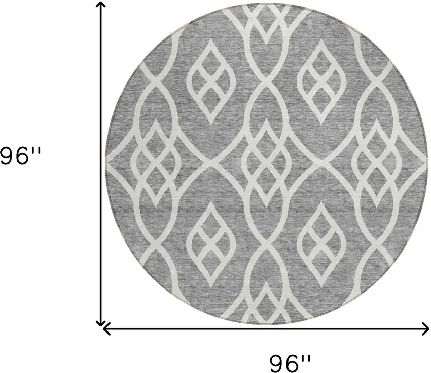 8' Gray And Ivory Round Trellis Washable Indoor Outdoor Area Rug Photo 3