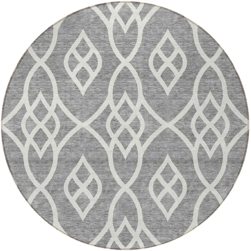 8' Gray And Ivory Round Trellis Washable Indoor Outdoor Area Rug Photo 5