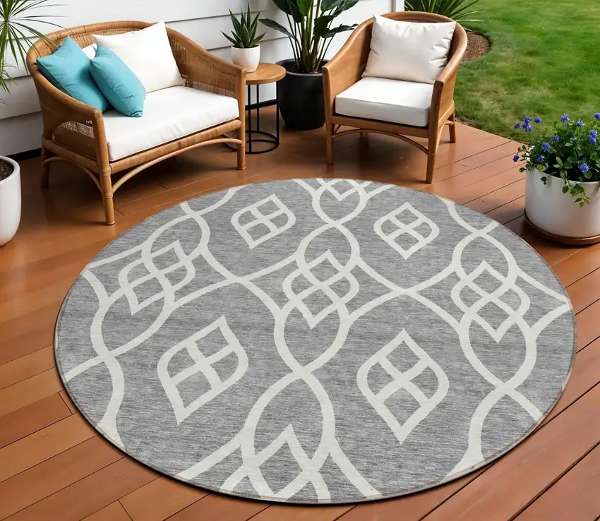 8' Gray And Ivory Round Trellis Washable Indoor Outdoor Area Rug Photo 1