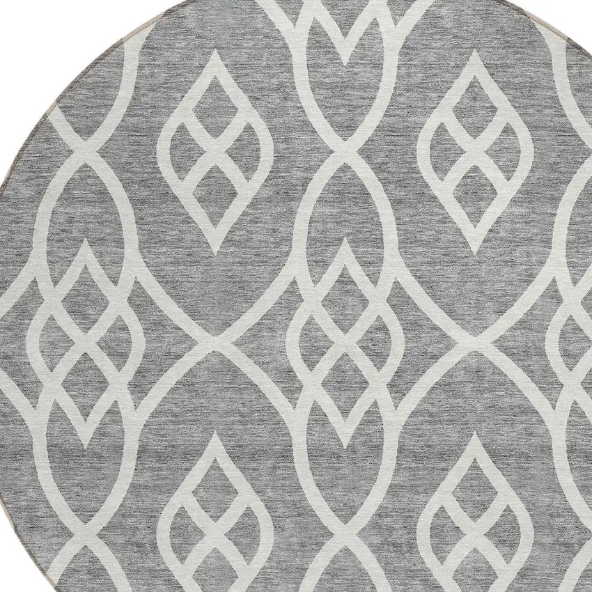 8' Gray And Ivory Round Trellis Washable Indoor Outdoor Area Rug Photo 4