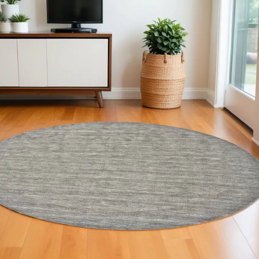 8' Gray and Ivory Round Wool Hand Woven Area Rug Photo 1