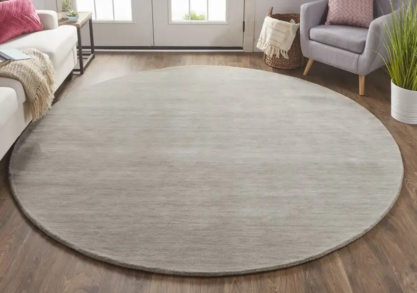 8' Gray And Ivory Round Wool Hand Woven Stain Resistant Area Rug Photo 5