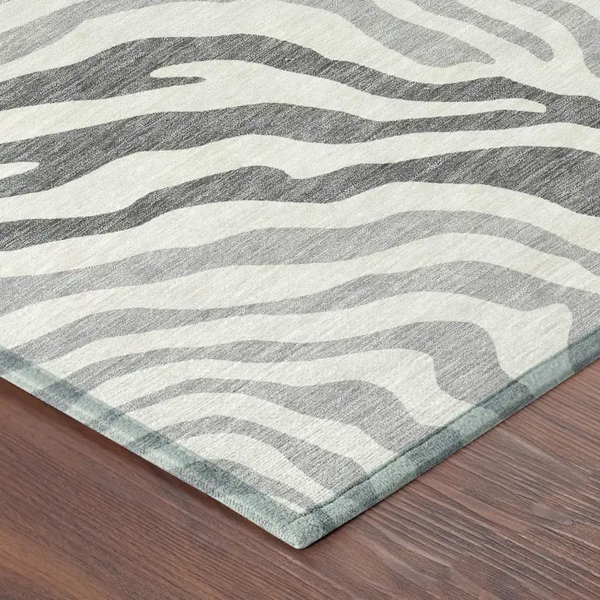 8' Gray And Ivory Round Zebra Print Washable Indoor Outdoor Area Rug Photo 4