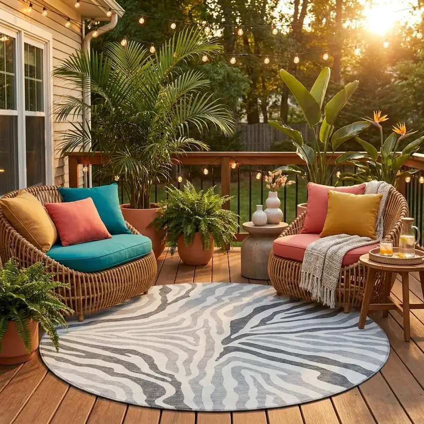 8' Gray And Ivory Round Zebra Print Washable Indoor Outdoor Area Rug Photo 1
