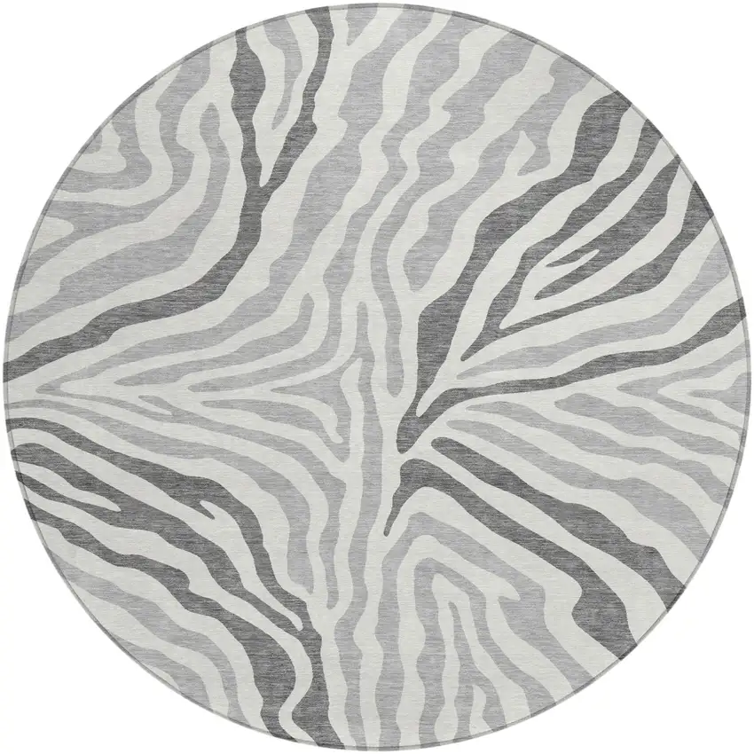 8' Gray And Ivory Round Zebra Print Washable Indoor Outdoor Area Rug Photo 2