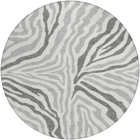 8' Gray And Ivory Round Zebra Print Washable Indoor Outdoor Area Rug Photo 2