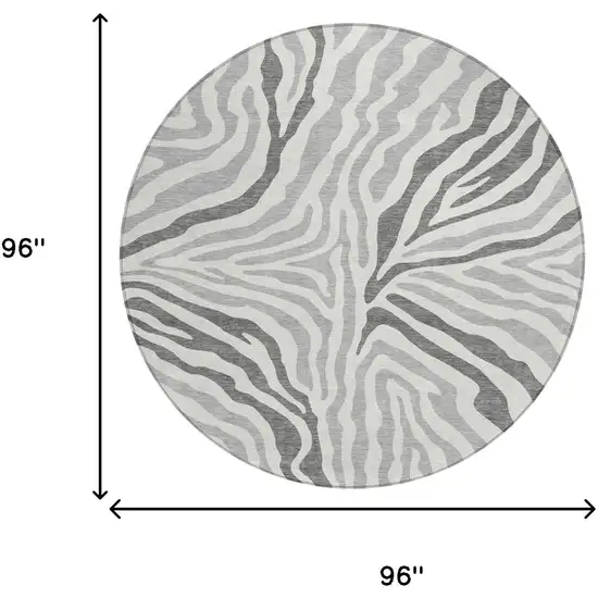 8' Gray And Ivory Round Zebra Print Washable Indoor Outdoor Area Rug Photo 5