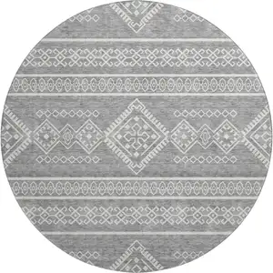 Photo of 8' Gray And Ivory Southwestern Washable Round Rug With UV Protection