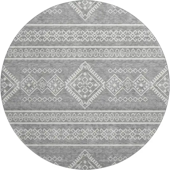 8' Gray And Ivory Southwestern Washable Round Rug With UV Protection Photo 1