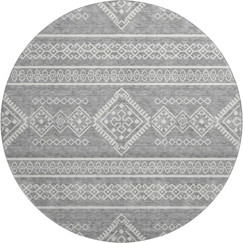8' Gray And Ivory Southwestern Washable Round Rug With UV Protection Photo 1