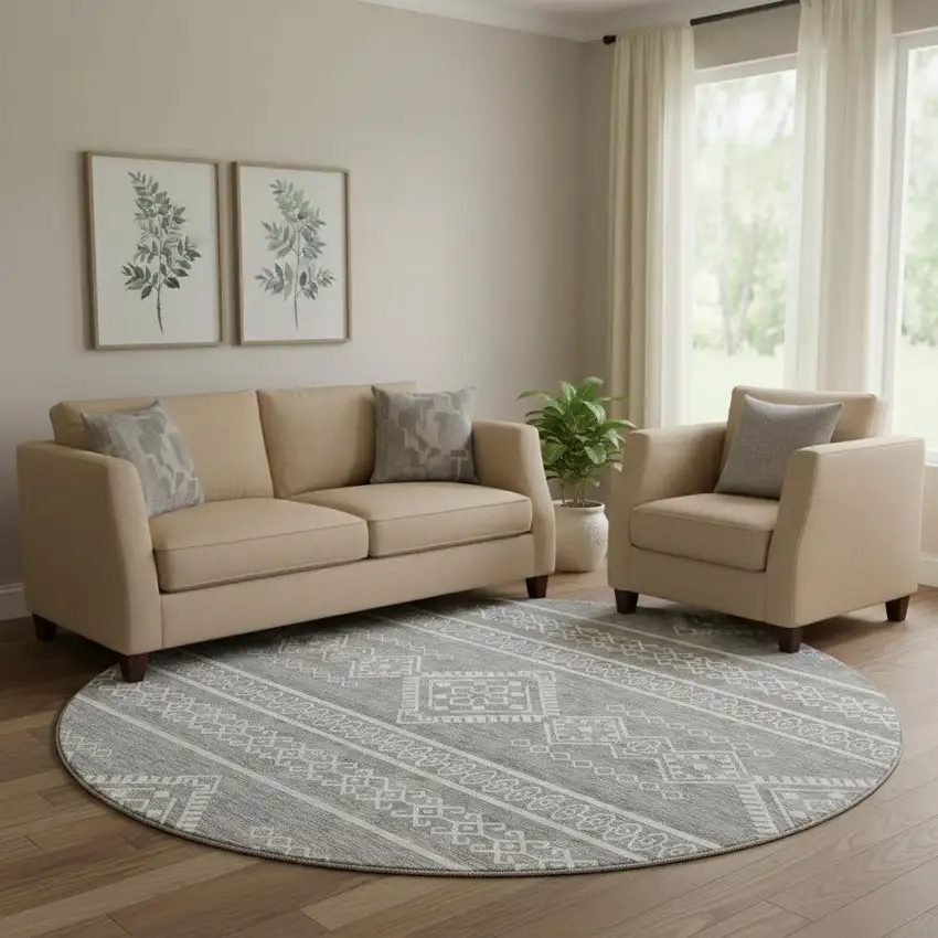 8' Gray And Ivory Southwestern Washable Round Rug With UV Protection Photo 1