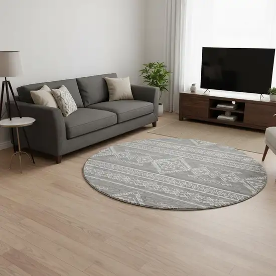 8' Gray And Ivory Southwestern Washable Round Rug With UV Protection Photo 2