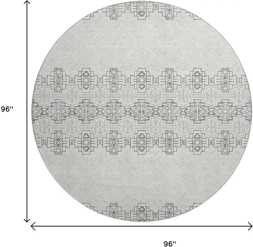 8' Gray And Ivory Southwestern Washable Round Rug With UV Protection Photo 9