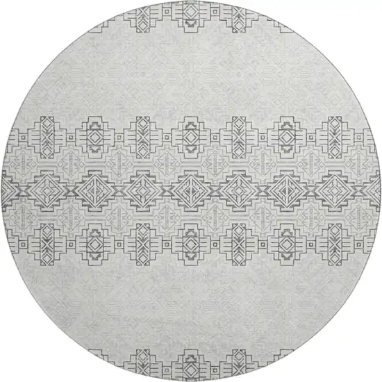 8' Gray And Ivory Southwestern Washable Round Rug With UV Protection Photo 1