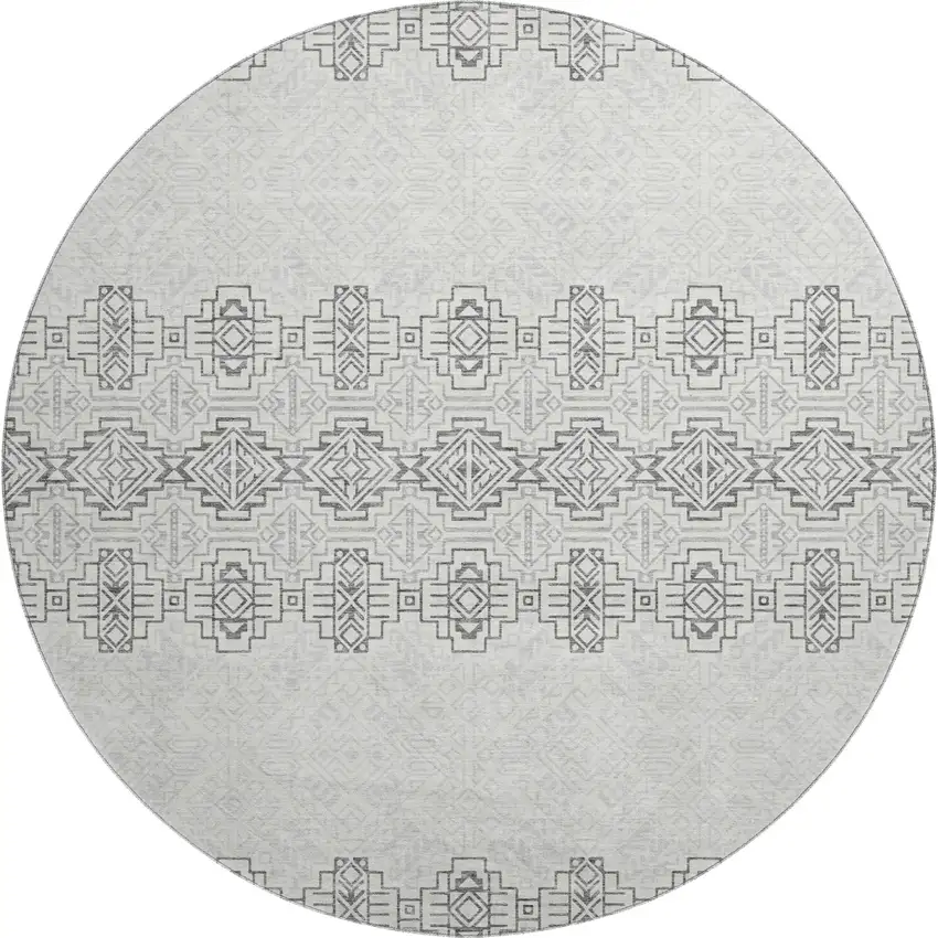 8' Gray And Ivory Southwestern Washable Round Rug With UV Protection Photo 1