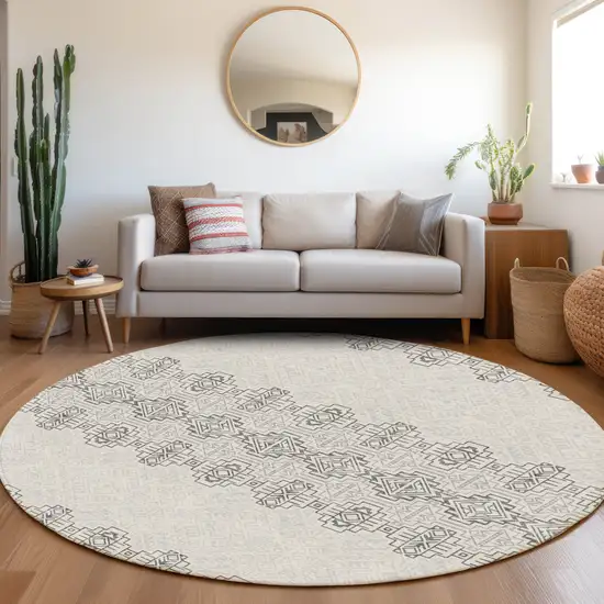 8' Gray And Ivory Southwestern Washable Round Rug With UV Protection Photo 4