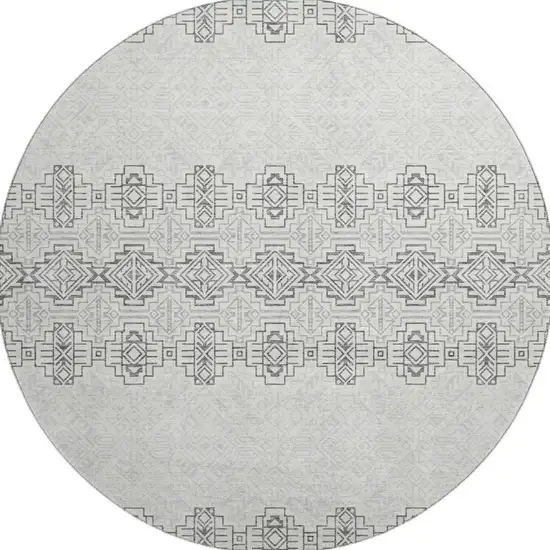 8' Gray And Ivory Southwestern Washable Round Rug With UV Protection Photo 3