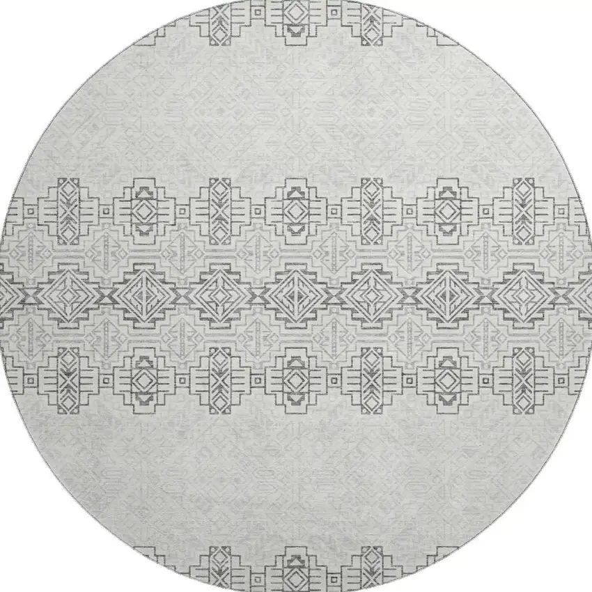 8' Gray And Ivory Southwestern Washable Round Rug With UV Protection Photo 3