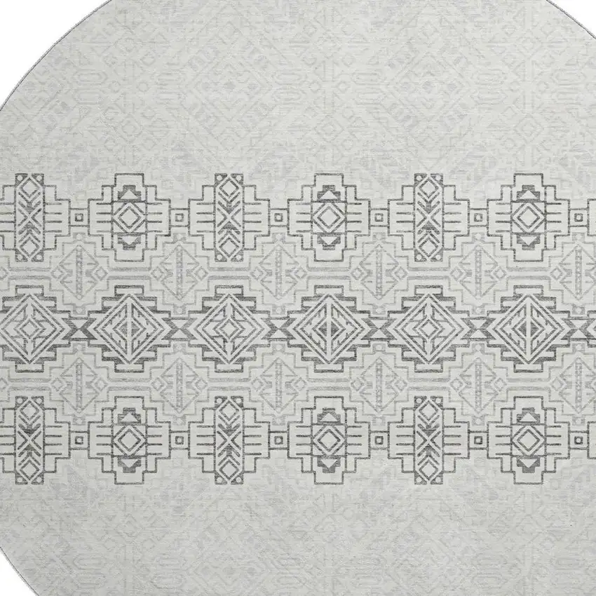 8' Gray And Ivory Southwestern Washable Round Rug With UV Protection Photo 2