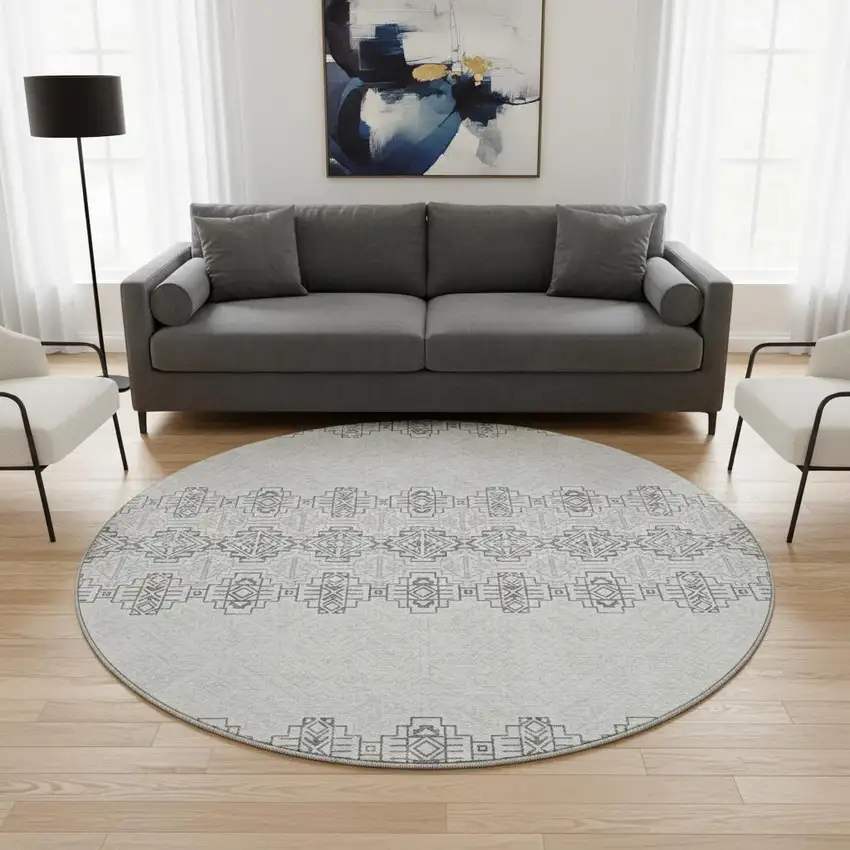 8' Gray And Ivory Southwestern Washable Round Rug With UV Protection Photo 2