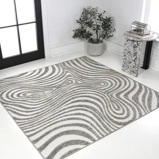 5' Gray And Ivory Square Abstract Indoor Outdoor Area Rug Photo 4