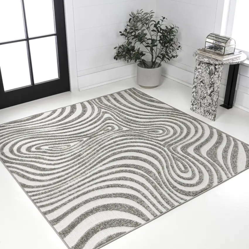 9' Gray And Ivory Square Abstract Indoor Outdoor Area Rug Photo 4
