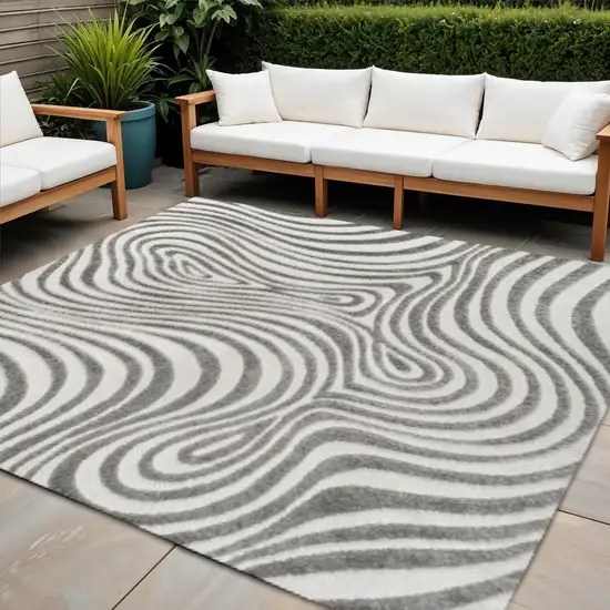9' Gray And Ivory Square Abstract Indoor Outdoor Area Rug Photo 1
